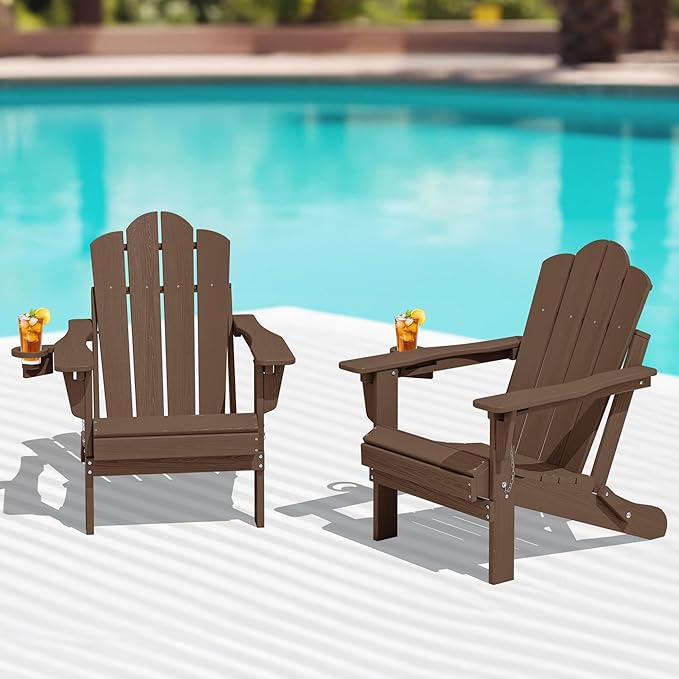 KINGYES Folding Adjustable Adirondack Chairs Set of 2, HDPE All Weather Use Reclining Adirondack Chair, Outdoor Adirondack Chair - Brown