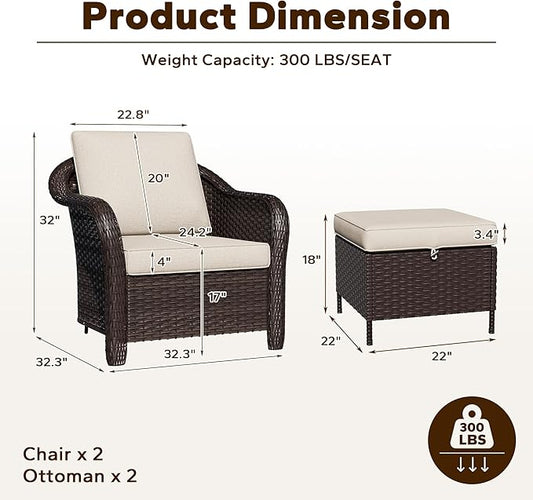 4 Piece Patio Wicker Conversation Set, 2 All-Weather Use Outdoor Wicker Chairs with 2 PE Rattan Ottomans,Ideal for Porch, Backyard, Balcony, Poolside, Beige