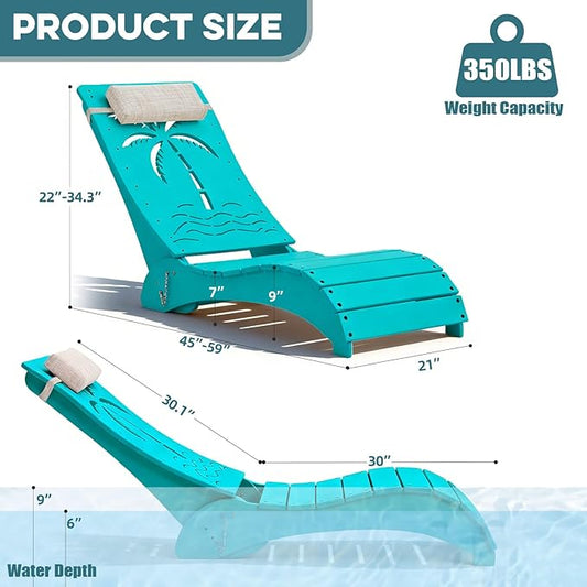 in Pool Lounge Chairs Set of 4, HDPE Pool Chaise Loungers for Sun Shelf up to 9 Inches, Fade-Resistant, 3-Position Adjustable Backrest with Headrest, Ergonomic Poolside Lounger, Teak