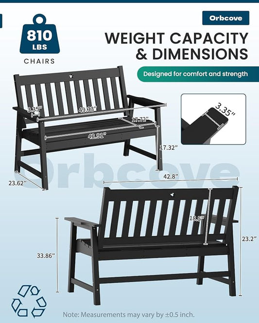Outdoor Bench,2-Person Garden Bench,HDPE Outdoor Benches Weatherproof,Porch Bench with Backrest and Armrests for Patio,Backyard, Porch and Park,Coffee,810 Lbs Max Load Black