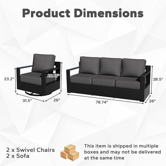 Outdoor Aluminum Furniture Set, 4-Piece Patio Conversation Set, 2 Swivel Chairs and 2 Sofa, All-Weather Metal Frame, 6" Thick Removable Cushions, Deep Setting for Garden, Poolside and Porch
