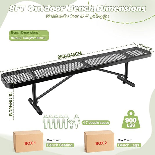 8FT Park Benches for 4-7 People, Weatherproof Commercial Garden Bench, Iron Steel Frame Patio Heavy Duty Mesh Rectangular Outdoor Benches for Outside, Lawn, Yard, Porch Work Entryway