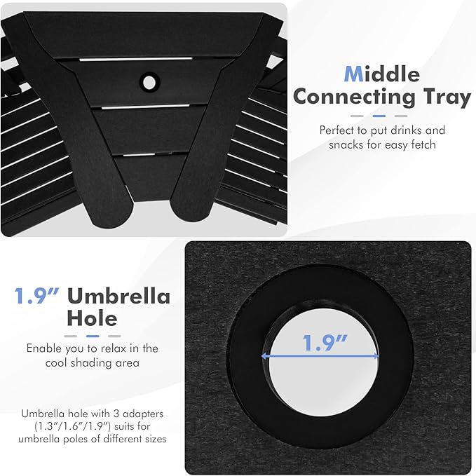 Giantex Tall Adirondack Chair Set of 2 - Outdoor HDPE Barstools w/Middle Connecting Tray & Umbrella Hole, Counter Height Bar Chair, Weather Resistant, Ideal for Patio, Backyard, Poolside (Black)