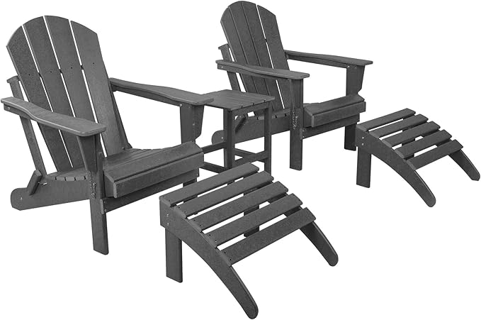 WestinTrends Malibu Outdoor Lounge Chairs Set, 5-Pieces Adirondack Chair Set of 2 with Ottoman and Side Table, All Weather Poly Lumber Patio Lawn Folding Chair for Outside, Gray