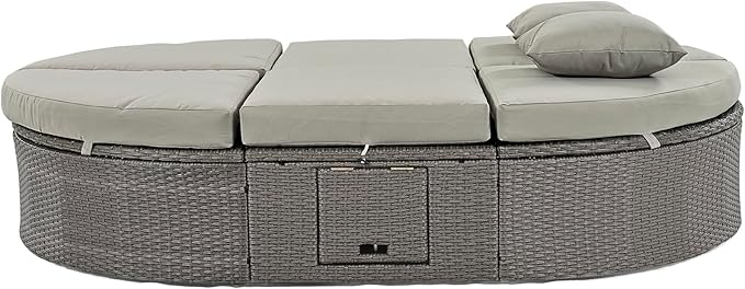 Rattan Patio 2-Person Daybed,Outdoor Sun Bed with Cushions and Pillows,Reclining Chaise Lounge with Adjustable Backrests and Foldable Cup Trays,For Lawn Poolside Deck Backyard (Gray@Cup Trays)