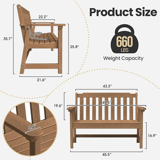 Ciokea 49" Heavy Duty Outdoor Bench Set of 2, HDPE Weatherproof Garden Bench, 2-Person Memorial Benches with 660 Lbs, Waterproof Patio Porch Benches for Outside Business Deck Office Backyard, Teak