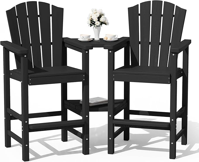 KINGYES Tall Adirondack Chair Set of 2 with Double Connecting Trays, Outdoor HDPE Adirondack Barstools, High Airondack Chair with Wood Grain, Embossed Balcony Chair for Backyard, Black