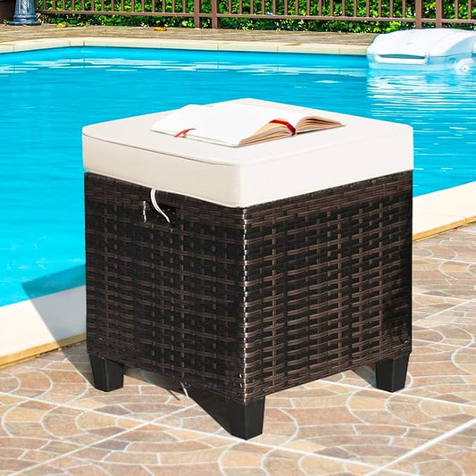 Tangkula 2 Pieces Outdoor Patio Ottoman, All Weather Rattan Wicker Ottoman Seat, Patio Rattan Furniture, Outdoor Footstool Footrest Seat w/Removable Cushions