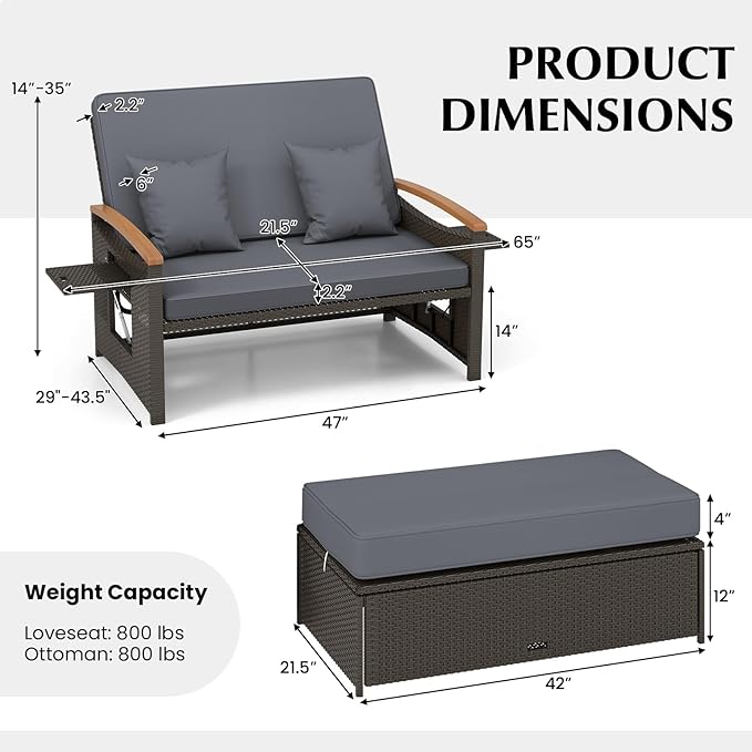 LDAILY Moccha Outdoor Wicker Daybed, Patio Rattan Loveseat Sofa w/ 4-Level Adjustable Backrest, Folding Panels, Storage Ottoman & Cushions, Lounge Furniture Set for Poolside Backyard Porch (Grey)