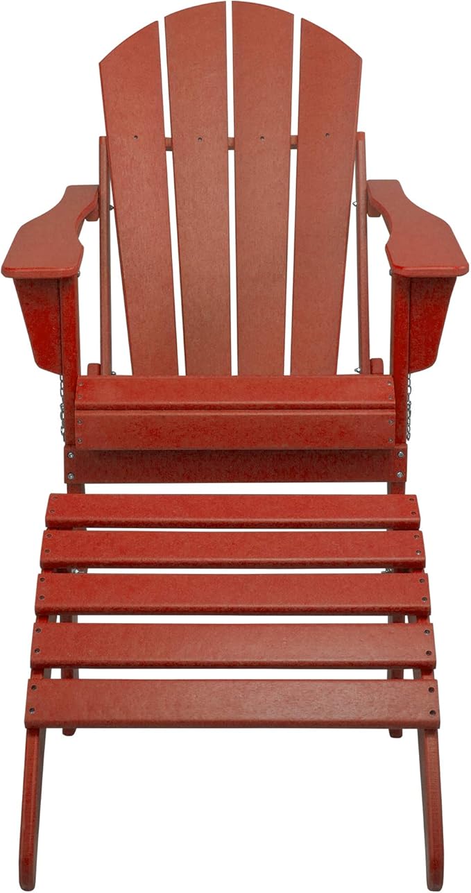 WestinTrends Malibu Outdoor Lounge Chair, 2-Pieces Adirondack Chair Set with Ottoman, All Weather Poly Lumber Patio Lawn Folding Chairs for Outside Pool Garden Backyard Beach, Red