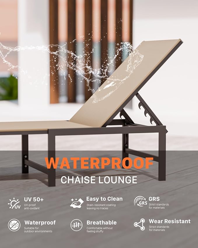 Chaise Lounge Chair Outdoor,Aluminum Patio Lounge Chairs,Lounge Chairs with 5 Adjustable Backrest and Headrest Pillows for Outside Beach,Khaki