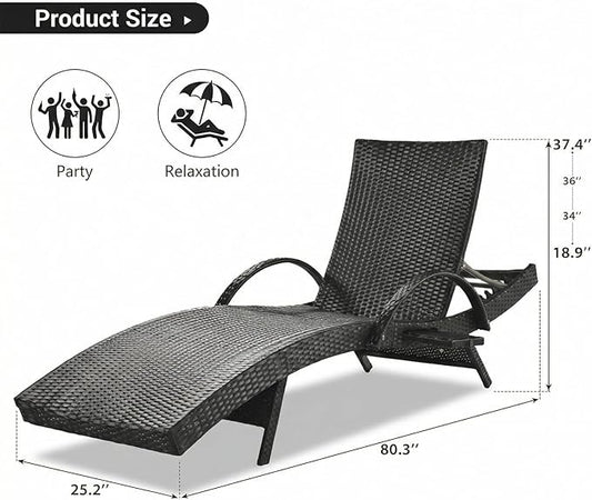 Wicker Outdoor Lounge Chairs with Pull Out Side Table, Pool Lounge Chairs Set of 6, Rattan Outdoor Lounger, Adjustable Backrest Patio Chaise Lounges for Garden, Backyard, Tanning Chair, Black