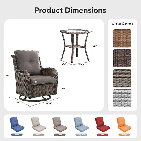 Belord Patio Wicker Chairs Swivel Rocker,Outdoor Patio Furniture Set with Rattan Side Table, All Weather Conversation Set for Porch Poolside Balcony, Brown Wicker/Gray