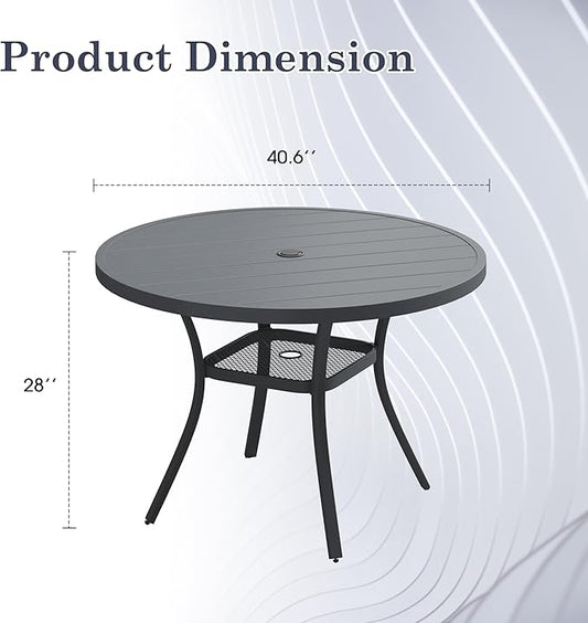 Outdoor Dining Table with Adjustable Umbrella Hole, 40.6" All-Weather Round Patio Dining Table for 4, Metal Patio Table with Storage Shelf for Garden Lawn Porch Deck Yard, Dark Grey