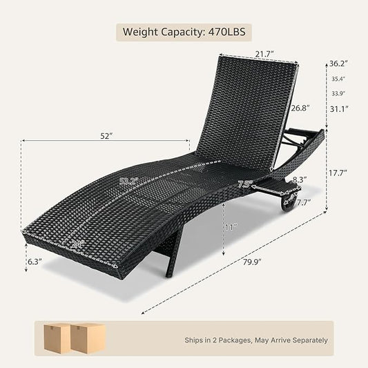 Set of 4 Black Outdoor Chaise Lounge Chairs, Wicker Patio Lounge Chairs with Adjustable Backrest and Wheels, Durable PE Rattan Pool Chair for Patio, Poolside and Garden