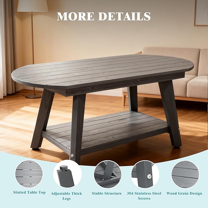 Coffee Table Rectangular Center with 2-Tier Open Storage Shelf 2-Tier Rustic Wood Desktop Easy Assembly Farmhouse Style, Suitable for Home Office Use. (Dark Gray)