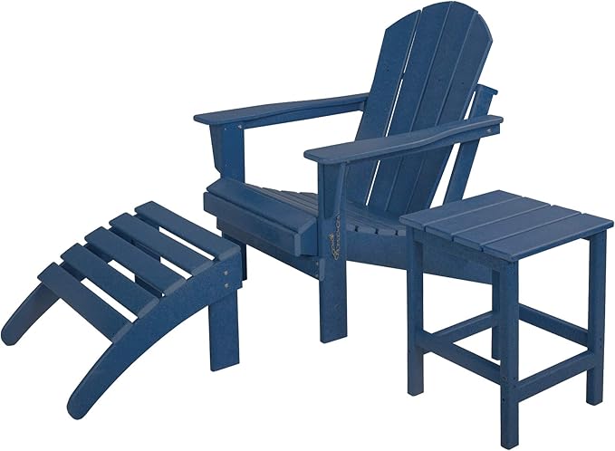 WestinTrends Malibu Outdoor Lounge Chairs, 3-Pieces Adirondack Chair Set with Ottoman and Side Table, All Weather Poly Lumber Patio Lawn Folding Chair for Outside Pool Garden Backyard, Navy Blue