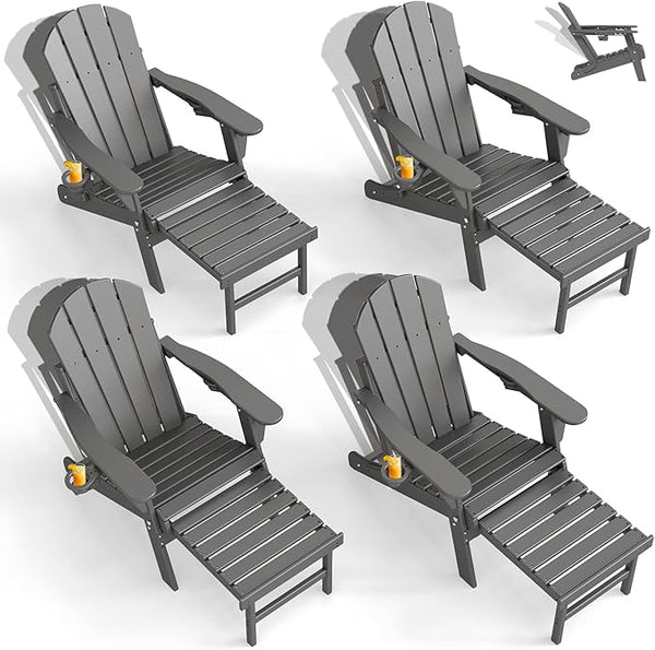 GREENVINES Adjustable Adirondack Chair with Retractable Ottoman Set of 4 | Folding | HDPE Plastic - Photo 1
