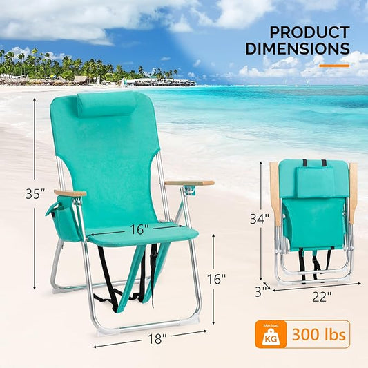VINGLI 17" Tall Beach Chairs for Adults,Aluminum 4-Position Backpack Beach Chair with Wooden Armrests,Folding Lawn Chair for Outdoor, Camping, Patio