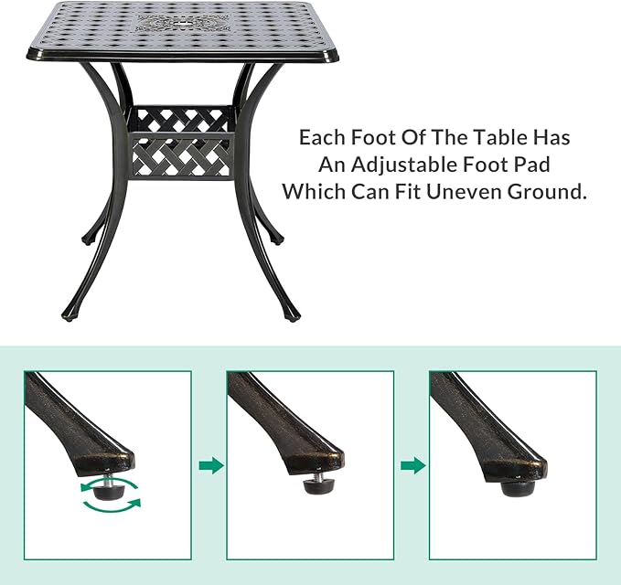 VIVIJASON 30.5" Patio Table Outdoor Dining Square Table Bronze Cast Aluminum Dining Table with Umbrella Hole