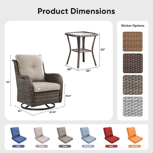 Belord Patio Wicker Chairs Swivel Rocker,Outdoor Patio Furniture Set with Rattan Side Table, All Weather Conversation Set for Porch Poolside Balcony, Brown Wicker/Beige