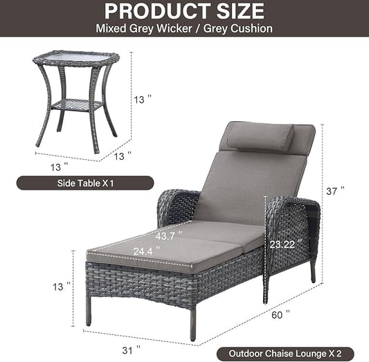 Belord 3 Piece Outdoor Chaise Lounge Patio Recliner - 75 Inch Adjustable Wicker Chaise Lounge with Soft Pillow Removable Cushions, All Weather Rattan Pool Lounge Chair Set 2 Poolside Deck Grey/Grey