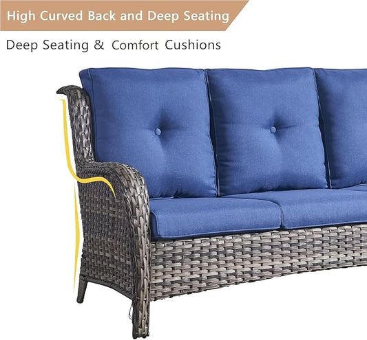 HUMMUH 6 Pieces Patio Furniture Set with Fire Pit Table High Back Outdoor Conversation Set Wicker Patio Couch Outdoor Chairs Ottomans for Balcony Garden,Lawn,Deck