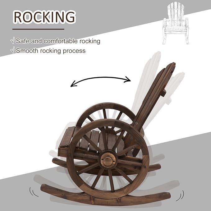 AMNOOL Outdoor Wooden Rocking Chair with Slatted Design and Extra Large Backrest Outdoor Rocking Chair with Wagon Wheel Armrest for Porch, Patio, Poolside, Balcony, Relaxing Gift for Parents, Brown