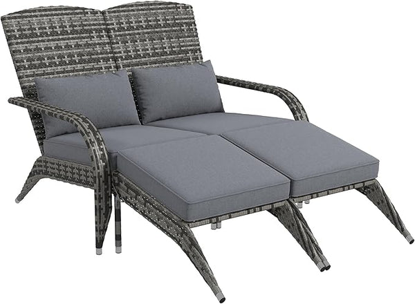 Outsunny Wicker Adirondack Chair for 2 with Cushions & Footrests, PE Rattan Double Chaise Lounge Chair - Photo 1