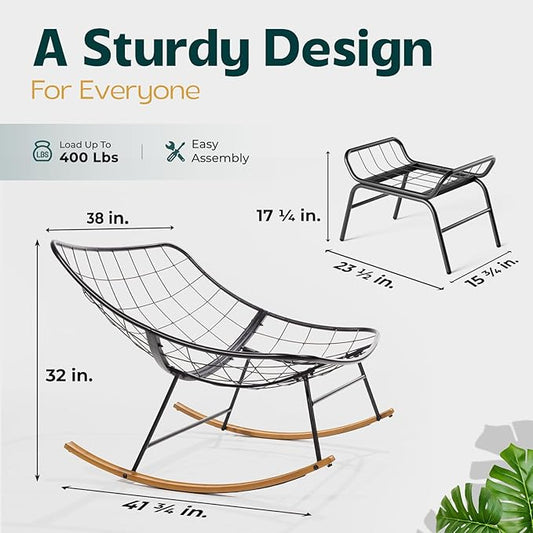 Bme Patio Rocking Chair Outdoor & Indoor, Metal Patio Lounge Rocking Chair with Thick Cushion, Comfy Modern Rocker Chair for Living Room, Porch, Backyard, Grey Cushion - Wood Texture Rocker