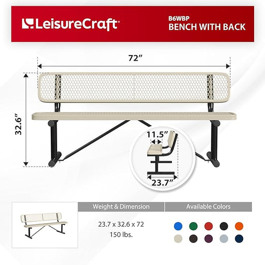 Leisure Craft Metal Outdoor Bench with Back - 6 Foot Heavy Duty Bench Seating for Garden, Porch, Picnic, Park, Expanded Metal, Thermoplastic Coating, Commercial Grade Furniture Made in USA - Beige