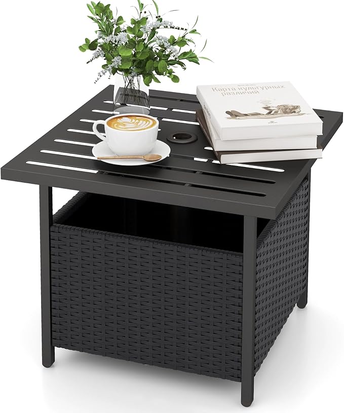 Giantex Outdoor Side Table with Umbrella Hole, 22" Wicker Umbrella Stand Holder and Base, Weather-Resistant PE Rattan Patio End Table for Deck Garden Poolside (Metal Tabletop, Black)