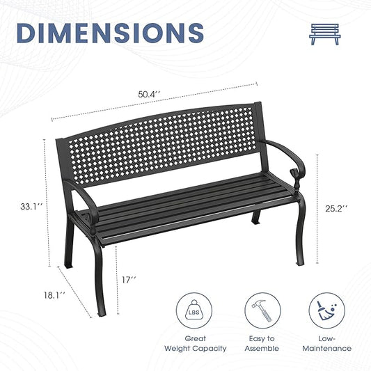 DIFY Outdoor Metal Bench with Back, Garden Bench Front Porch Bench with Curved Armrests for Park, Lawn, Yard, Black
