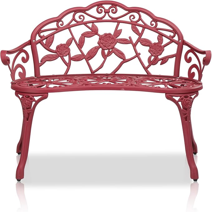 Outdoor Garden Bench Patio Park Bench, Cast Iron Metal Frame Furniture,Outdoor Cast Aluminum Patio Bench, Porch Bench Chair with Curved Legs Rose Pattern, Red