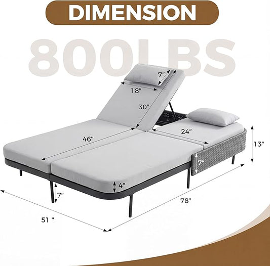 NICESOUL Double Chaise Lounge Outdoor, 51.2" Wide 2-Person Daybed with Independent Recline, Loveseat with 4" Thick Cushions, Heavy Duty All-Weather Wicker Sunbed for Patio Poolside Garden