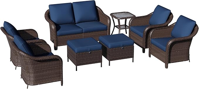 8 Piece Patio Wicker Conversation Set, All-Weather Use Outdoor Wicker Loveseat with 2 PE Rattan Ottomans,4 Chair, 1 Side Table, Ideal for Porch, Backyard, Balcony, Poolside, Blue