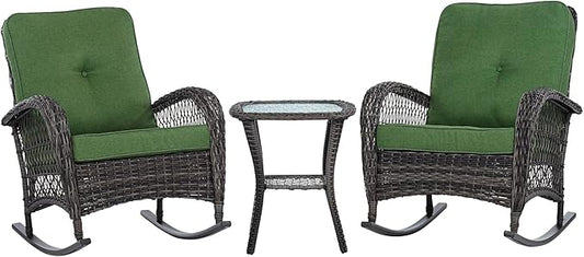 Teal Island Designs Madden 3-Piece Rattan Outdoor Green Rocking Chair Set with Occasional Table