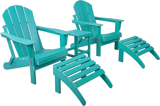 WestinTrends Malibu Outdoor Lounge Chairs Set, 5-Pieces Adirondack Chair Set of 2 with Ottoman and Side Table, All Weather Poly Lumber Patio Lawn Folding Chair for Outside, Turquoise