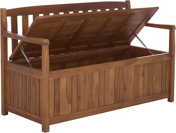 SAFAVIEH Outdoor Patio Furniture Collection – Kelter Solid Teak Wood Bench Box with Storage, Slatted Design, Versatile Indoor/Outdoor Seating (PAT6813A)