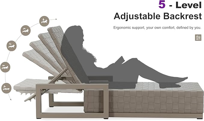 PURPLE LEAF Patio Chaise Lounge Chair, PU Leather Outdoor Chaise Lounge 1 Piece Aluminum Pool Lounge Chair with 5-Position Adjustable Backrest for Pool, Deck, Garden, Sunbathing, Taupe