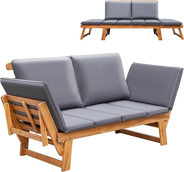 Greesum Patio Convertible Couch Sofa Bed with Adjustable Armrest, Acacia Wood Outdoor Daybed with Cushion & Pillow, Folding Chaise Lounge Bench for Porch Courtyard Poolside,Gray