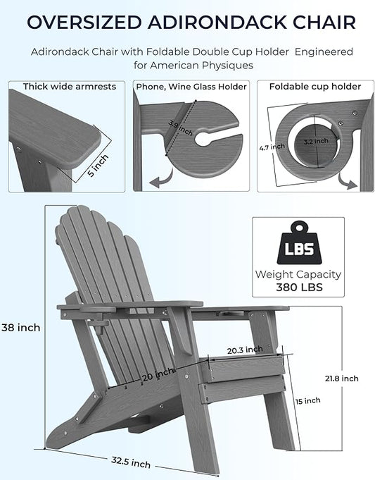 Oversized Adirondack Chair with Dual Cup Holders, Ergonomic High Back HDPE Fire Pit Chair, 380lbs Capacity All-Weather Outdoor Patio Lounge Chair for Garden, Deck, Yard - Grey