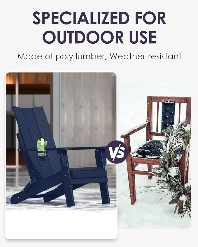 Folding Adirondack Chair, All-Weather Resistant HDPE Patio Firepit Seat, Sturdy Outside Furniture With Cup Holder, Pre-Installed Lawn Seat, Load Capacity 385lb, Navy Blue