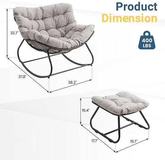 Wisteria Lane Patio Rocking Chair with Ottoman, Outdoor Indoor Rocking Egg Chair with Cushions, Metal Lounge Chair Oversized Papasan Chair, Outdoor Wicker Reading Chair for Porch Garden, Light Grey