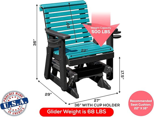 Amish Craftsmanship Made in USA 2FT Heavy Duty Poly Lumber Wood Porch Patio Glider HDPE with No wood fibers Lancaster Series Rollback design 500 lbs Limit With Cupholders Aruba on Black