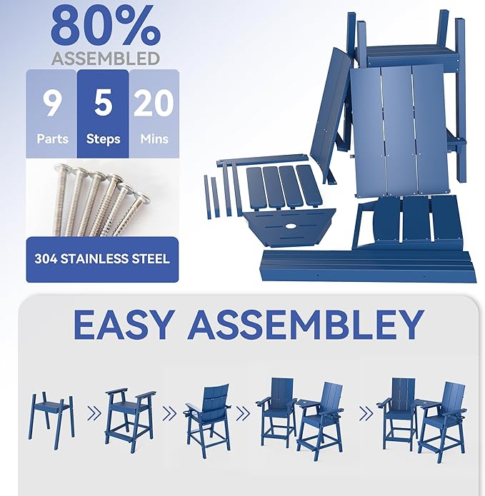 FOOWIN Tall Adirondack Chairs Set of 8,HDPE Adirondack Bar Stools with Connecting Tray & Cup Holders,Weather Resistant Balcony Chair for Outdoor Deck Lawn Pool Backyard Navy Blue