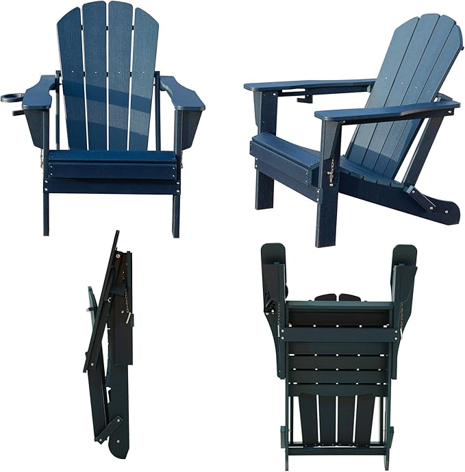 Domi Folding Adirondack Chairs Set of 2, HDPE Adirondack Chair with Cup Holder, Wooden Textured Fire Pit Chairs for Patio Backyard Lawn, Dark Blue
