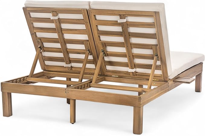 Outdoor Double Chaise Lounge with 5-Position Adjustable Backrest, Cushion and Folding Side Trays, Patio Double Lounge Chairs for Poolside Garden (Light Teak/D)