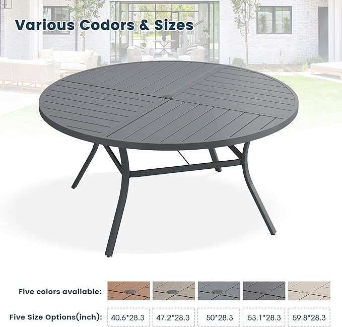 Patio Dining Table for 6, Round Metal Outdoor Table with Storage Shelf, 1.57" Umbrella Hole, 50" Outdoor Quartered Tabletop Dining Table for Backyard, Porch, Lawn, Dark Grey