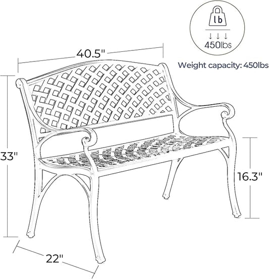 Laurel Canyon 41" Outdoor Patio Bench, Cast Aluminum Construction Furniture Chair, 2-Person Seating for Porch Backyard Garden Pool Deck, Black
